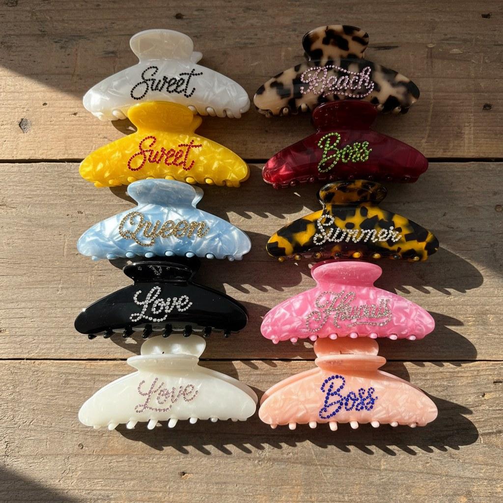 Individuelles Logo, Persönlichkeit, bunte Strasssteine, Acetat-Haarklammern für Frauen und Mädchen