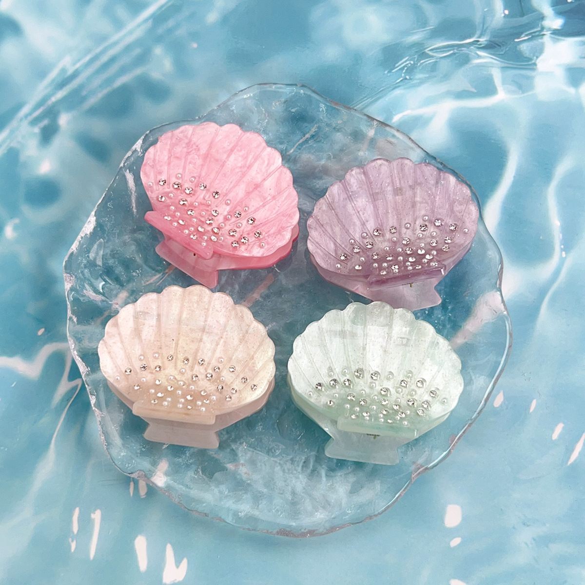 Glitzernde Luxus-Kristall-Strasssteine, weiße Acetat-Haarklammer, Muschelschmuck, kleine Haarklammern, Haar-Accessoires für Frauen